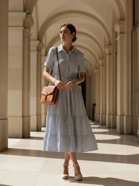 #2 Striped Button-Front Midi Dress with Tie Waist - Blue/White